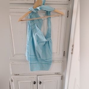 Blue Gingham Plaid Checks Handmade Embroidered Rustic French Farmhouse Apron